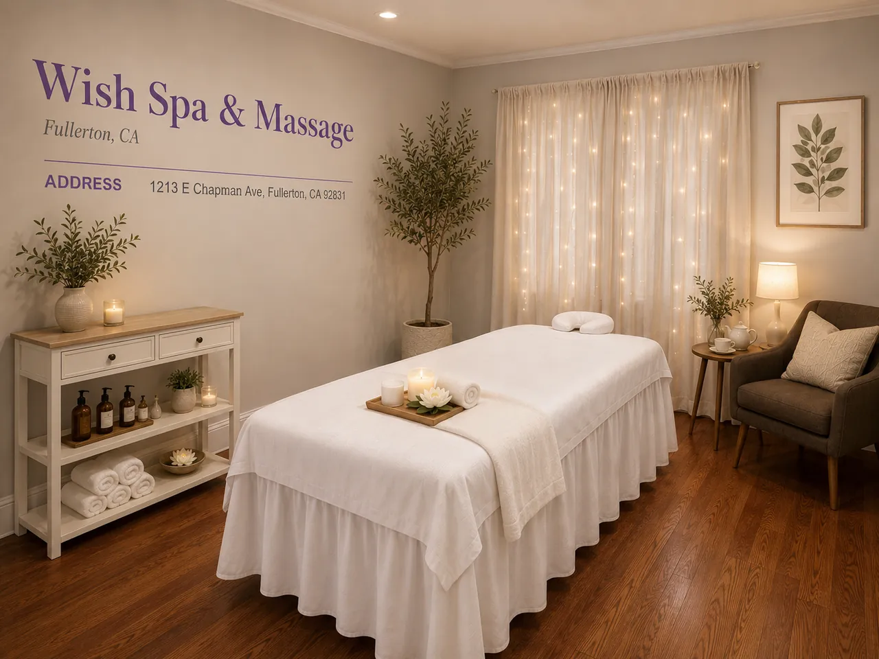 Clean private massage room with soft window light at Wish Spa & Massage in Fullerton, CA