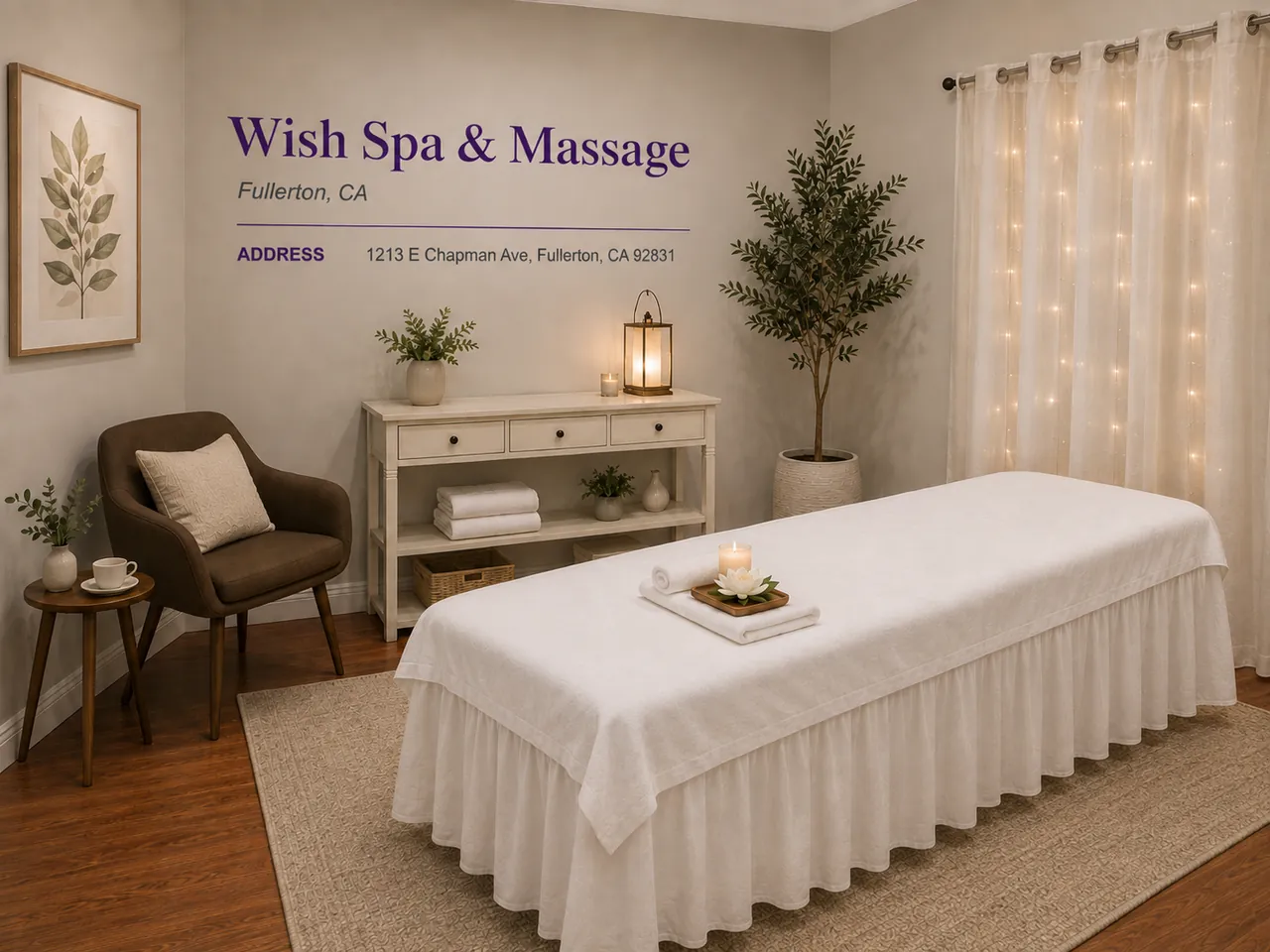 Private room with folded towels on the table, ready for a first visit at Wish Spa & Massage in Fullerton, CA
