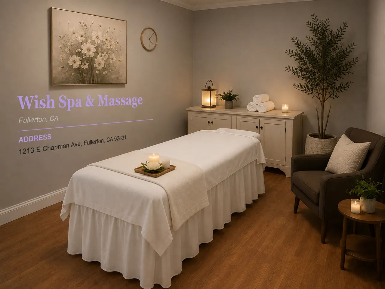 Massage room made up with a candle and fresh linens at Wish Spa & Massage in Fullerton, CA