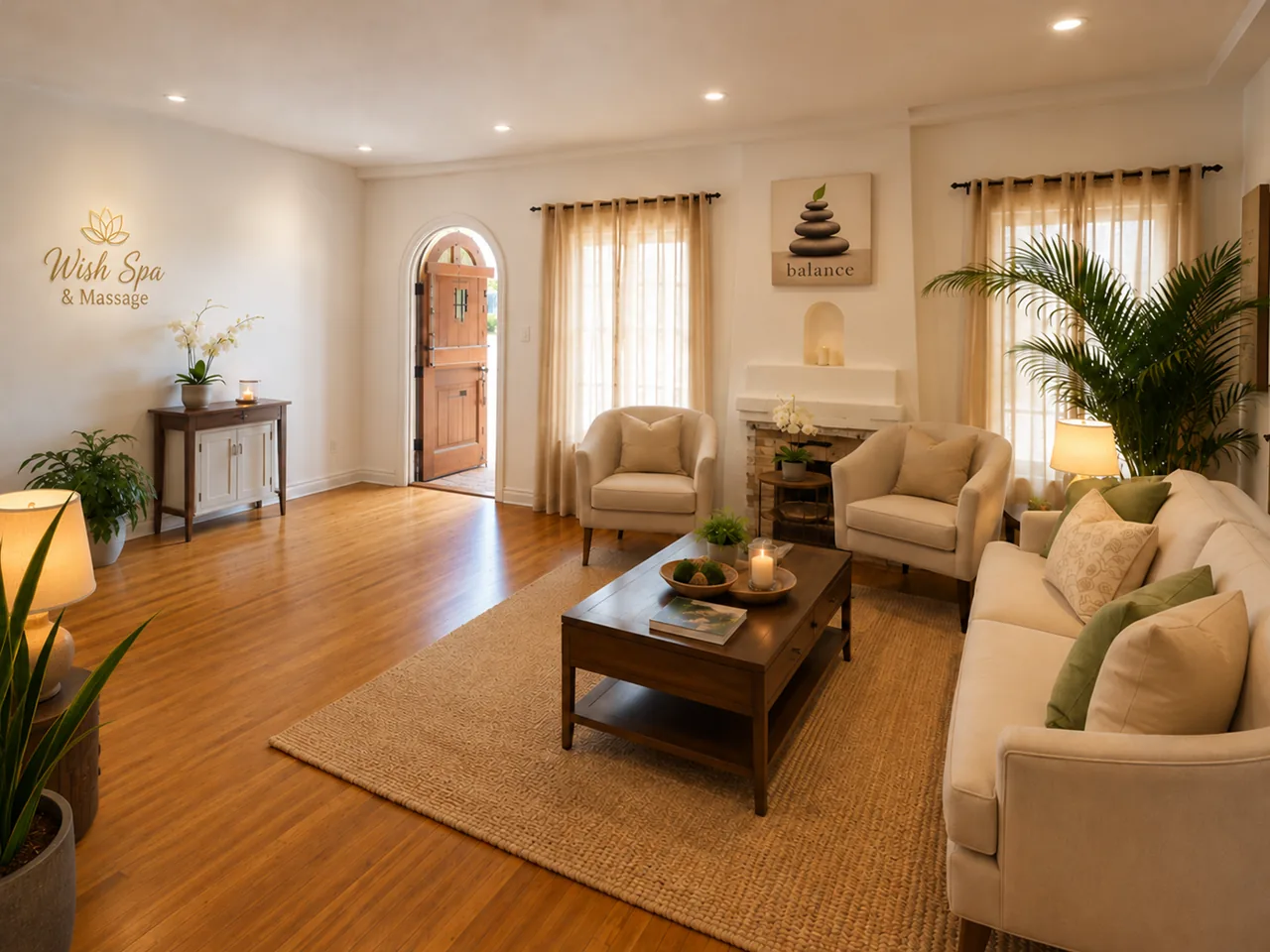 Sitting area with a coffee table and armchairs in the front room of Wish Spa & Massage in Fullerton, CA