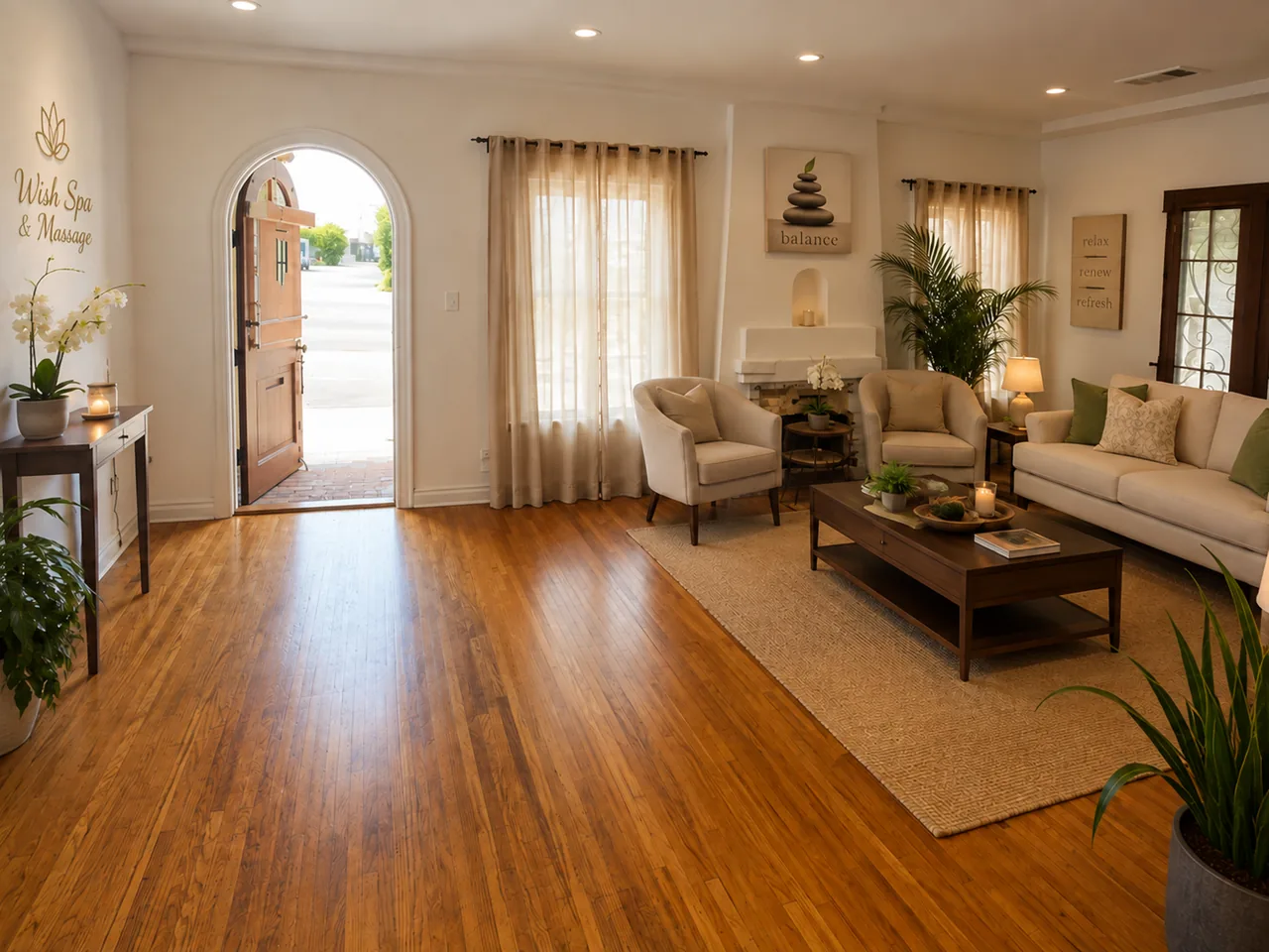Front room with an arched door, wood floor and a beige sofa inside Wish Spa & Massage in Fullerton, CA