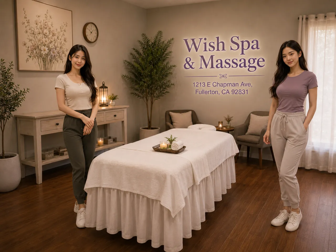 Two friendly staff members in a private room at Wish Spa & Massage in Fullerton, CA