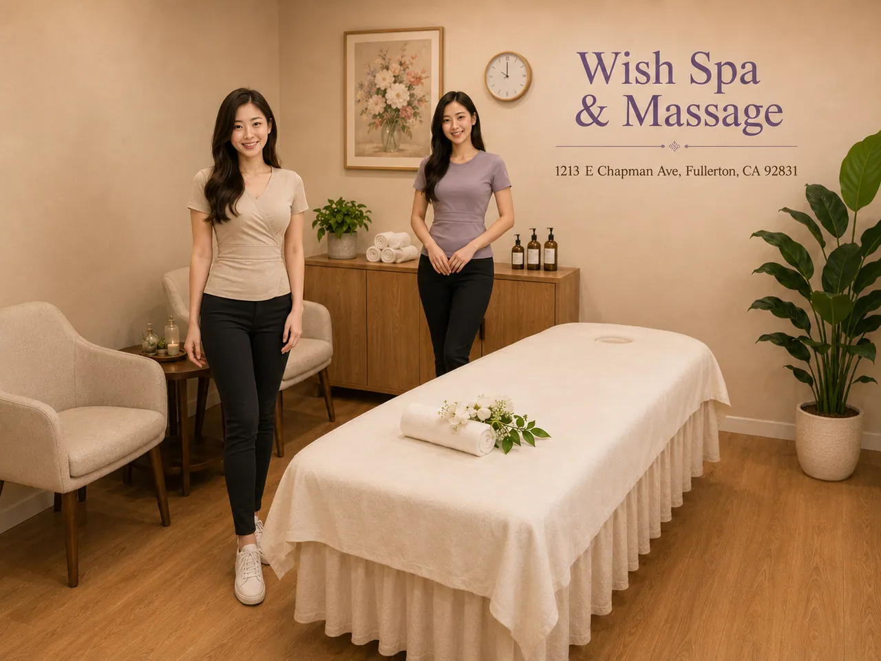Two friendly staff members in a private massage room at Wish Spa & Massage in Fullerton, CA