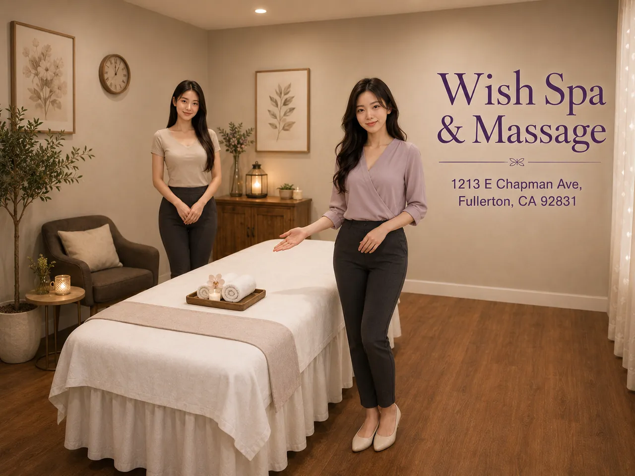 Friendly staff in a private room ready for Swedish Massage at Wish Spa & Massage in Fullerton, CA