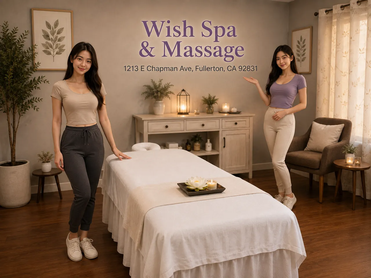 Two staff members getting a private room ready at Wish Spa & Massage in Fullerton, CA