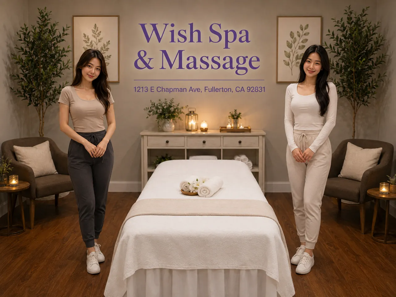 Two friendly staff members in a clean, welcoming massage room at Wish Spa & Massage in Fullerton, CA