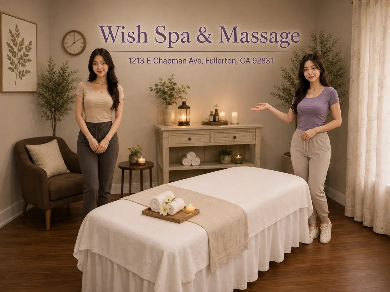 Two staff members ready to greet guests in a private room at Wish Spa & Massage in Fullerton, CA