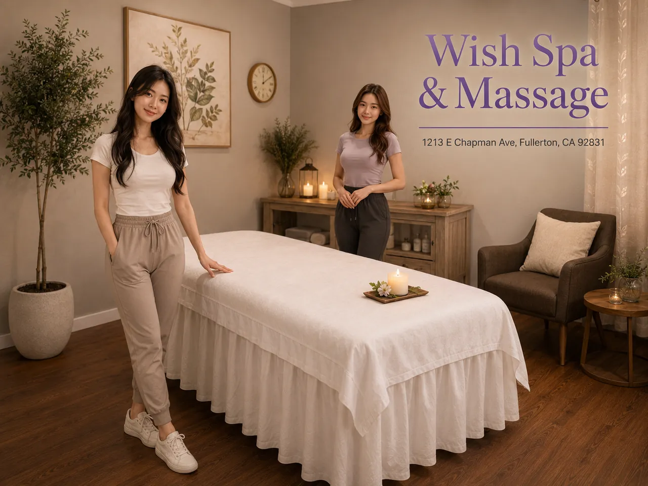 Two staff members ready to welcome a first-time guest at Wish Spa & Massage in Fullerton, CA