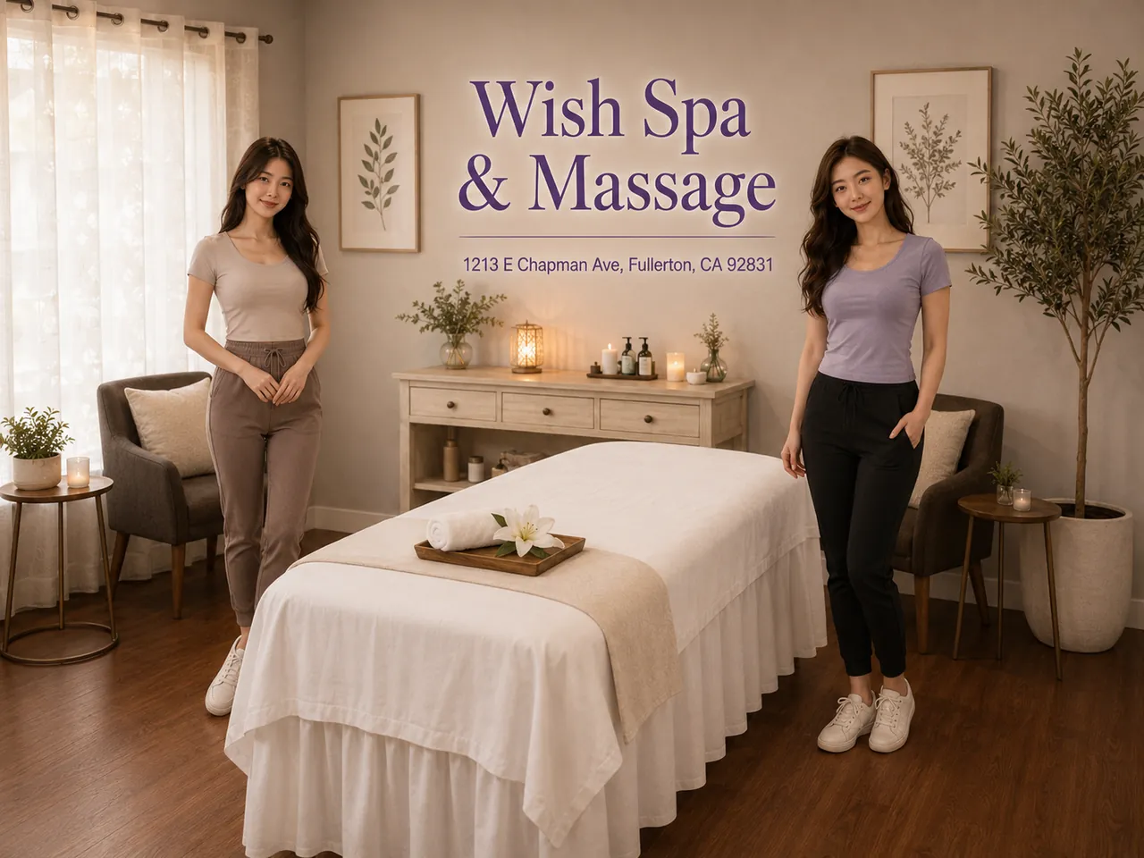 Two friendly staff members ready to welcome guests at Wish Spa & Massage in Fullerton, CA
