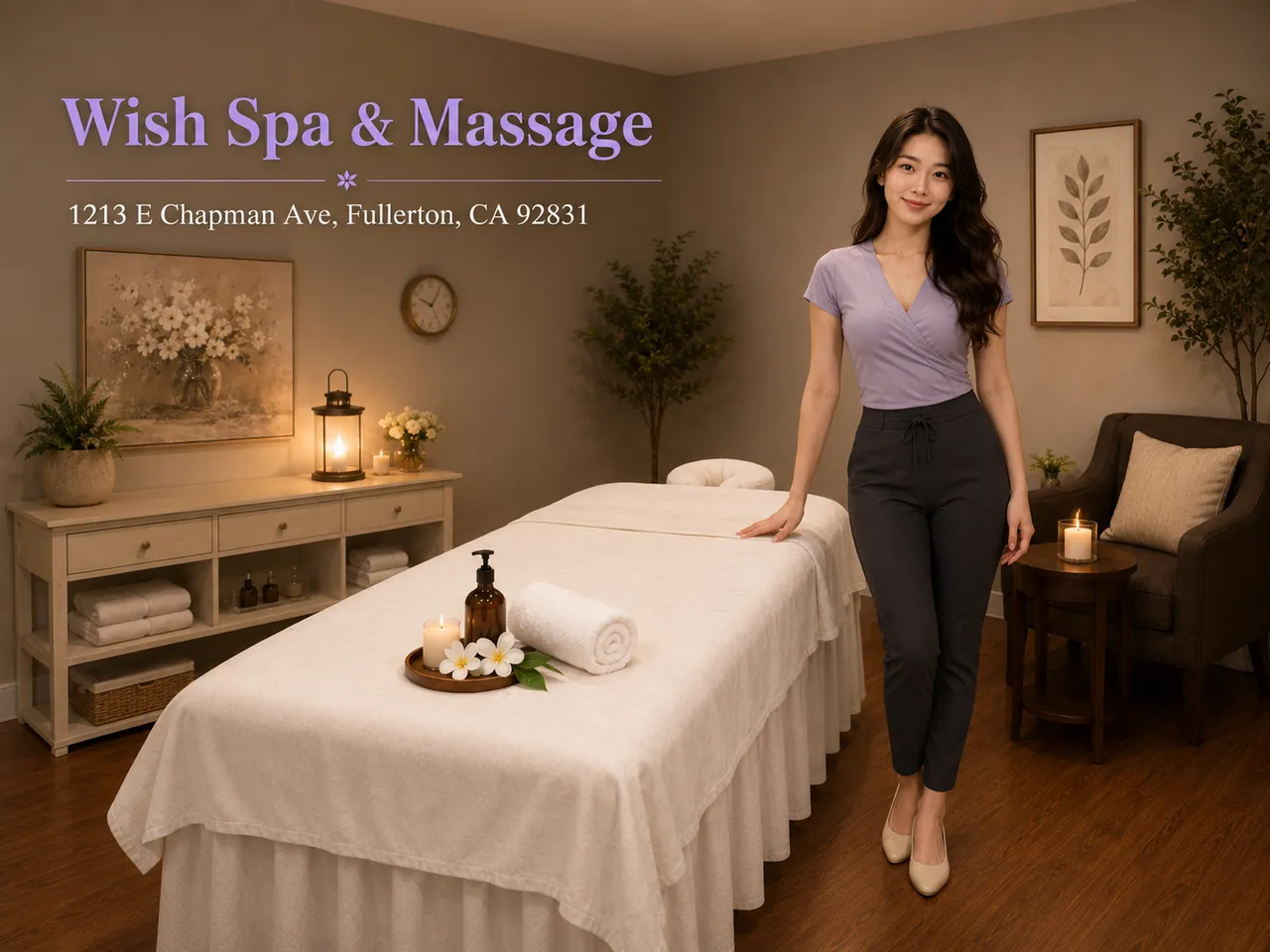 Staff member welcoming guests in a private massage room at Wish Spa & Massage in Fullerton, CA