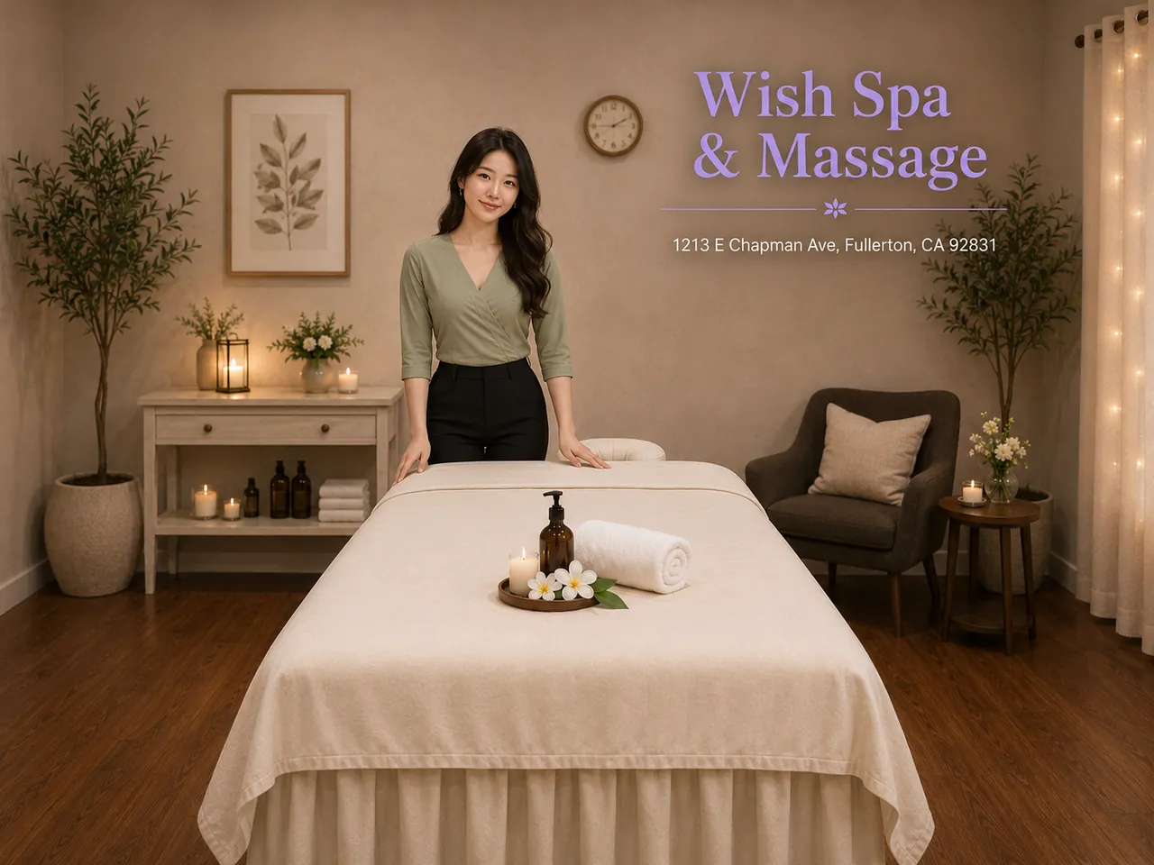 Staff member standing behind a made-up massage table at Wish Spa & Massage in Fullerton, CA