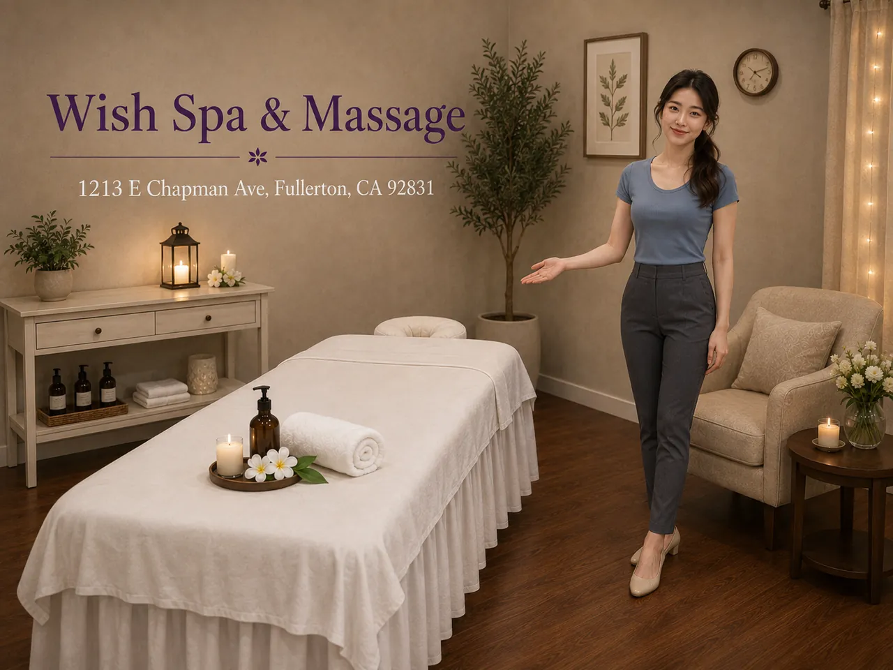 Staff member showing the way into a private massage room at Wish Spa & Massage in Fullerton, CA