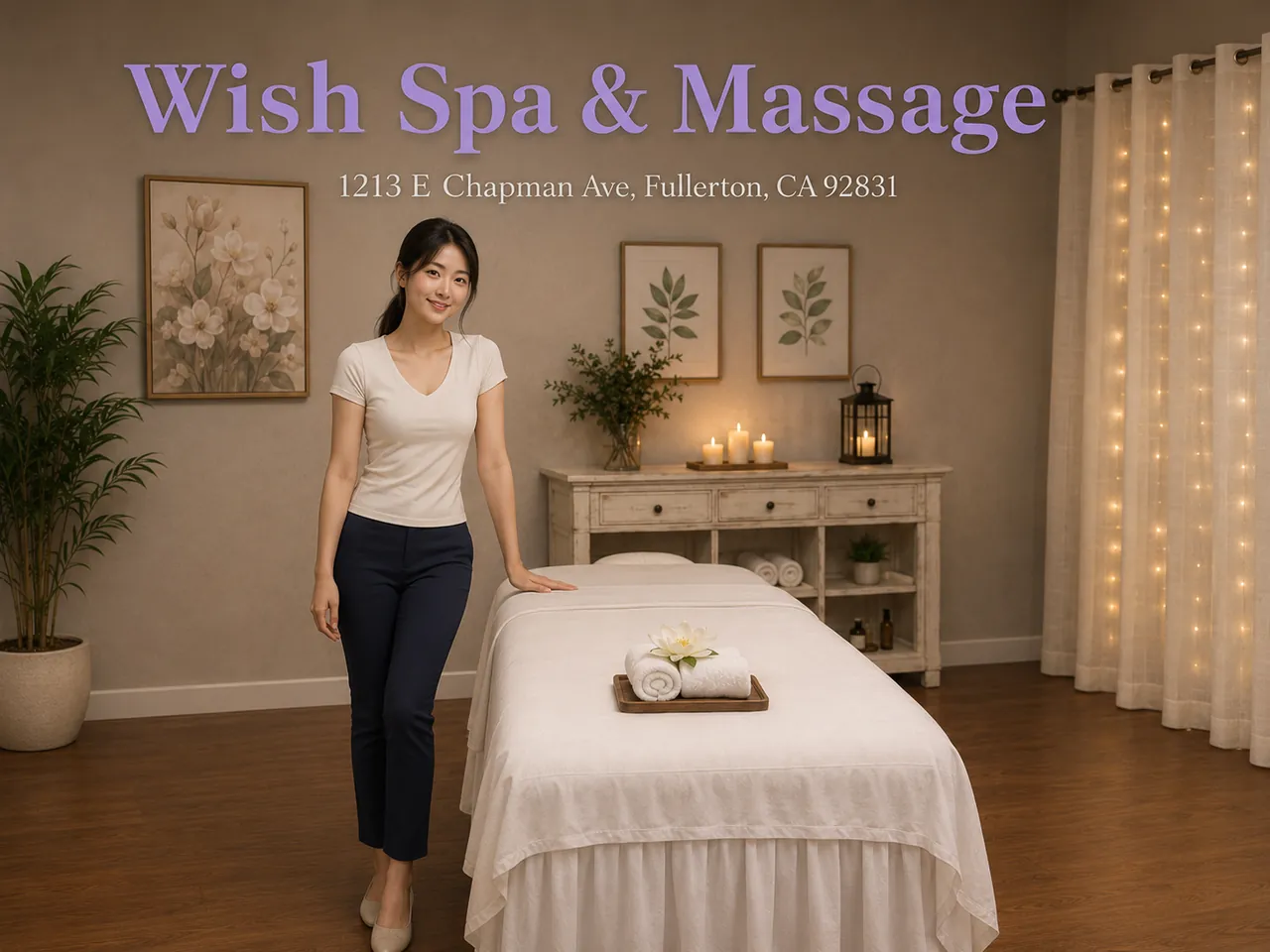 Staff member standing by a freshly made table at Wish Spa & Massage in Fullerton, CA