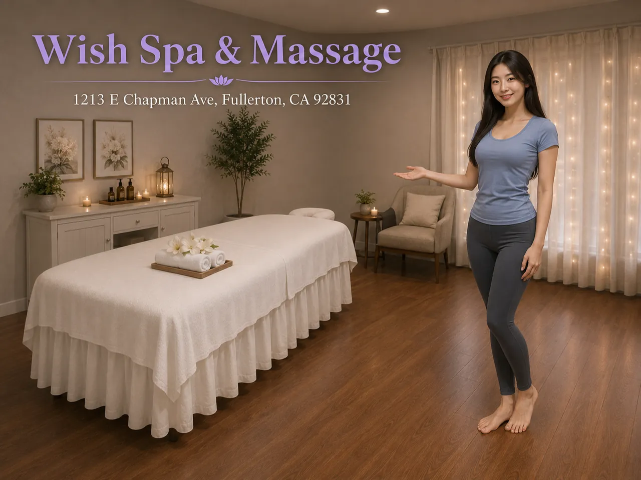 Staff member inviting a guest into a private room at Wish Spa & Massage in Fullerton, CA