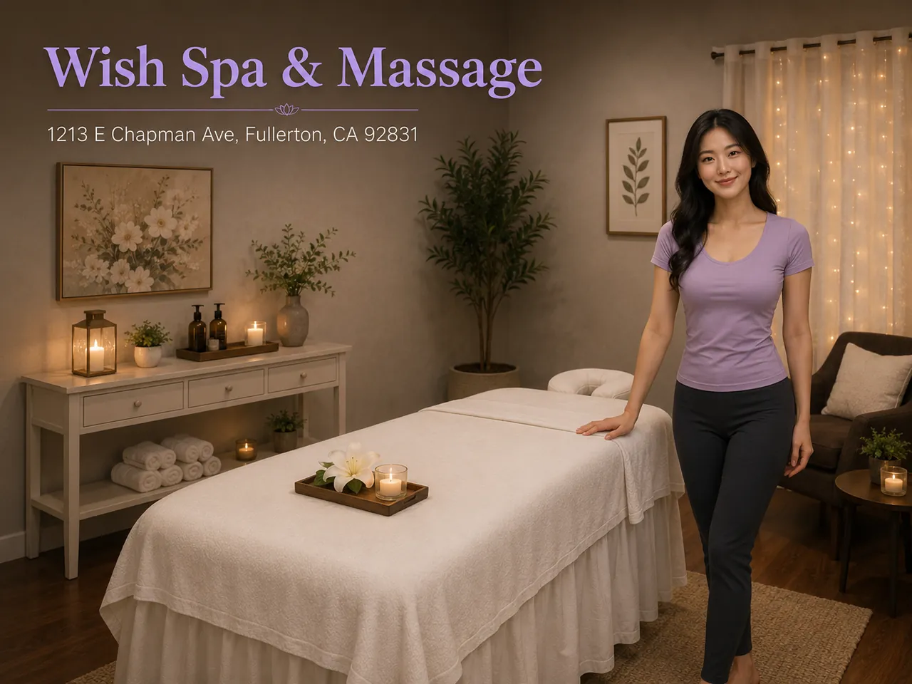 Staff member welcoming guests beside a clean massage table at Wish Spa & Massage in Fullerton, CA