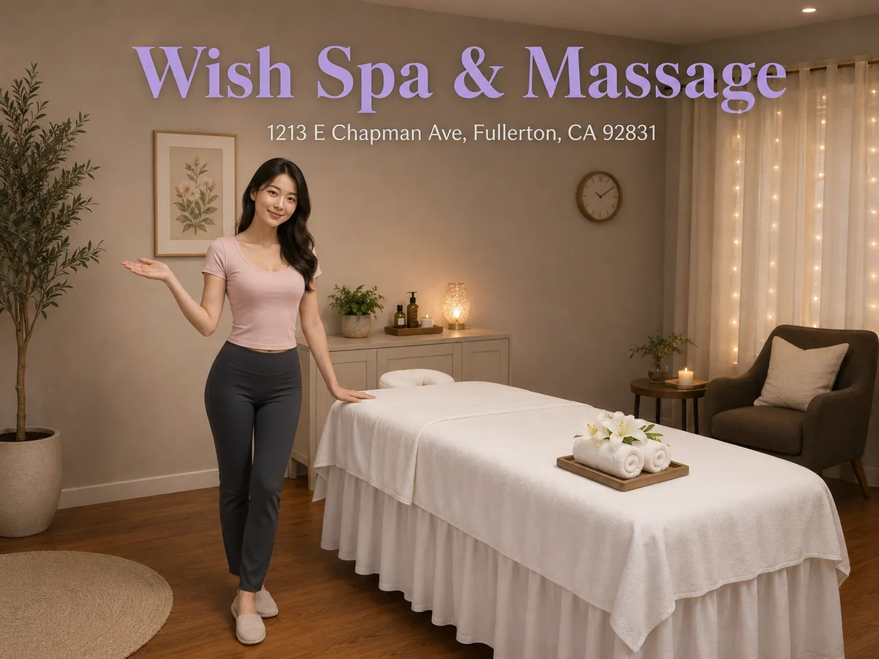 Staff member welcoming a guest into a private room at Wish Spa & Massage in Fullerton, CA