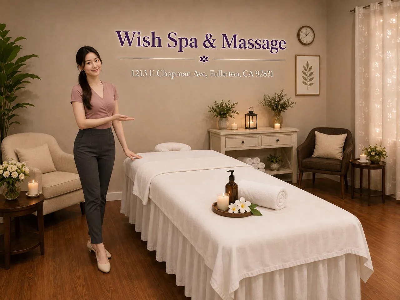 Staff member welcoming guests at Wish Spa & Massage in Fullerton, CA