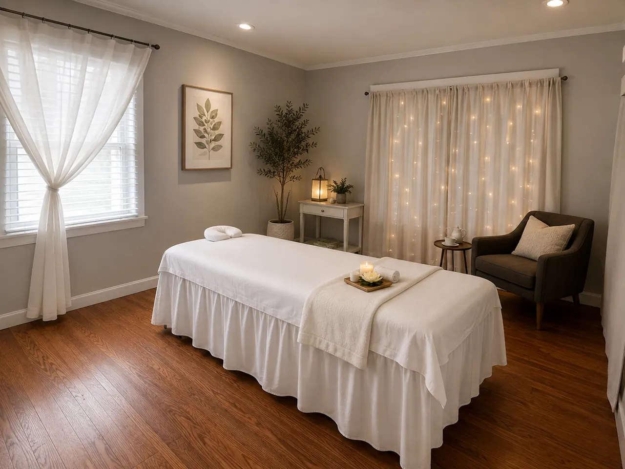 Private massage room with a wood floor and a curtain of soft lights at Wish Spa & Massage in Fullerton, CA