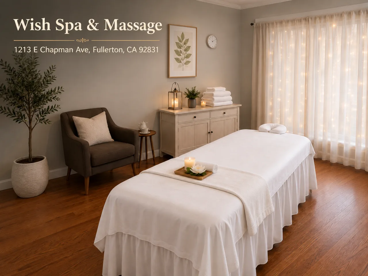 Private massage room with a made-up table and a wood floor at Wish Spa & Massage in Fullerton, CA